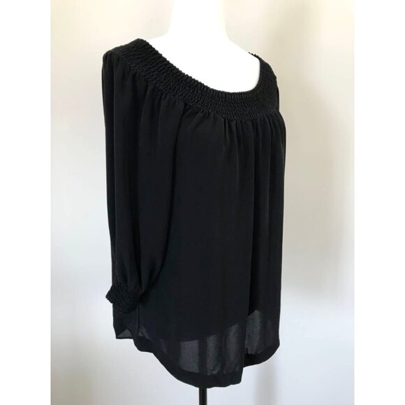 Silk Blouse Size Small THEORY Off the Shoulder Top Smocked Neckline & Cuffs - Picture 3 of 9